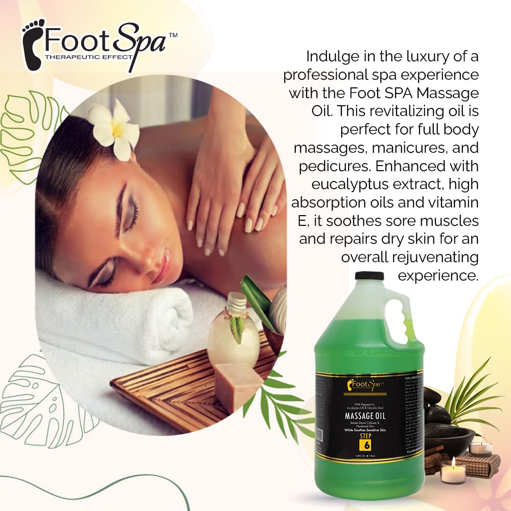 Foot SPA - Massage Oil, Eucalyptus Extract, 128 Oz - Professional Full Body Massage Therapy, Manicure, Pedicure - Relax Sore Muscles and Repair Dry Skin, Enhanced with High Absorption Oils, Vitamin E