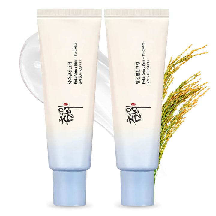 2PCS Relief Sun Organic Sunscreen SPF50+, Sunblock PA++++ Rice and Probiotics,Nourishing Skin Protection,Sun Moisturizing,KoreanSunscreen Skin Care Solution for All Skin Types