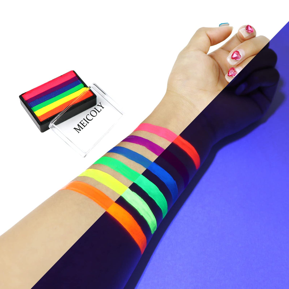 MEICOLY Water Activated Eyeliner 6 Colors,Neon Pride Rainbow Face Paint for LGBTQ,Retro Graphic Hydra Eye Liner,UV Glow in the Dark Fluorescent Blacklight Matte Split Cake,Body Paint for Halloween