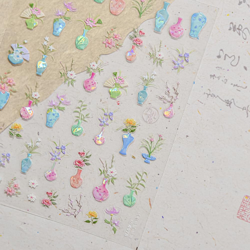 2Sheets Decorative Nail Art Stickers, Blue Birds and Pink Flowers Design, Holographic Vase Pattern (Vases Flowers)