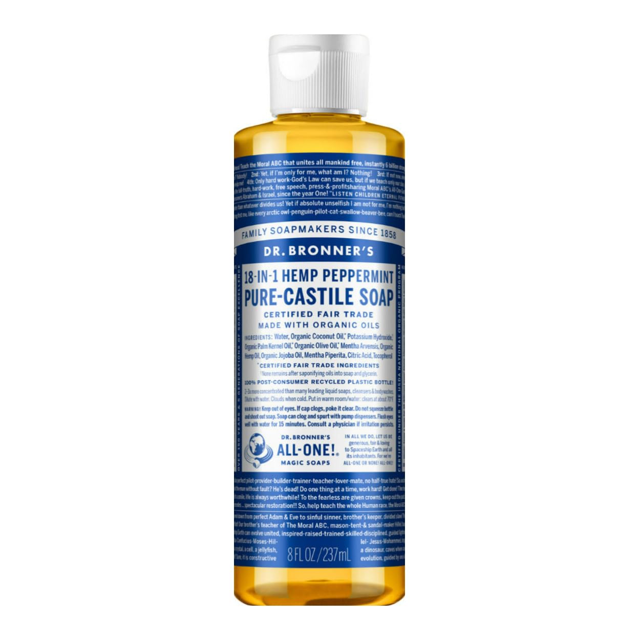 Dr. Bronner's Organic Peppermint Liquid Soap - 18-in-1 All-Purpose Cleaner with Invigorating Peppermint Oil - 8 Oz Size - Gentle Cleansing for Body, Face, Home - Natural, Organic Formula (2-Pack)