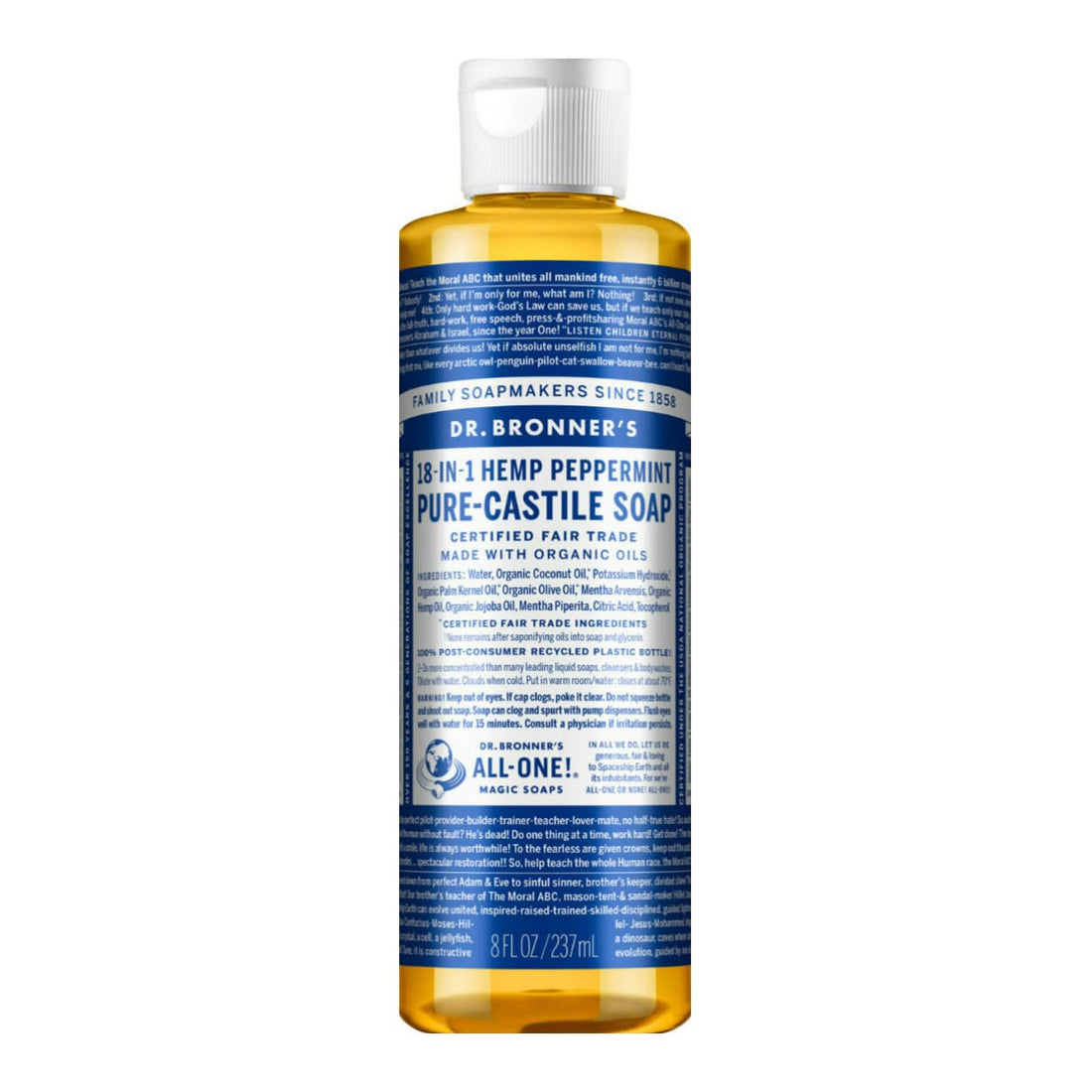 Dr. Bronner's Organic Peppermint Liquid Soap - 18-in-1 All-Purpose Cleaner with Invigorating Peppermint Oil - 8 Oz Size - Gentle Cleansing for Body, Face, Home - Natural, Organic Formula (2-Pack)