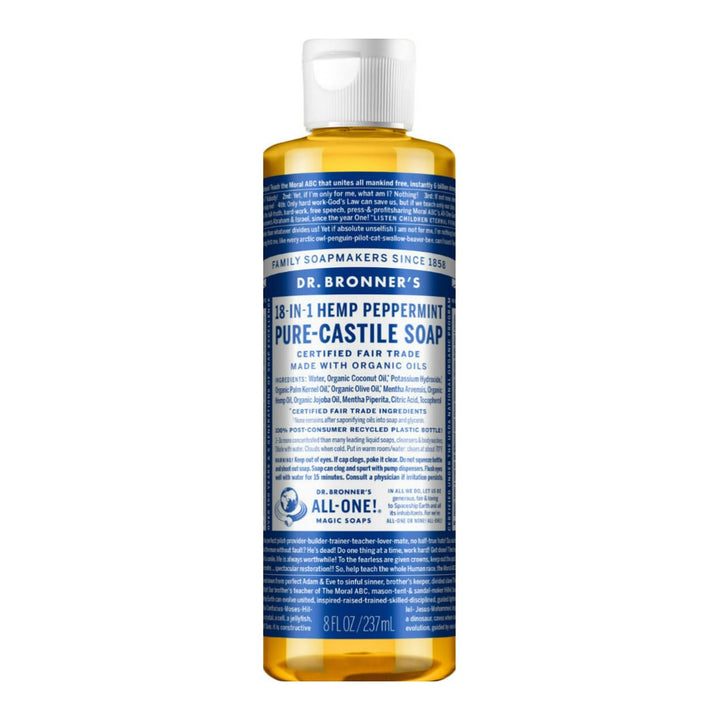 Dr. Bronner's Organic Peppermint Liquid Soap - 18-in-1 All-Purpose Cleaner with Invigorating Peppermint Oil - 8 Oz Size - Gentle Cleansing for Body, Face, Home - Natural, Organic Formula (2-Pack)