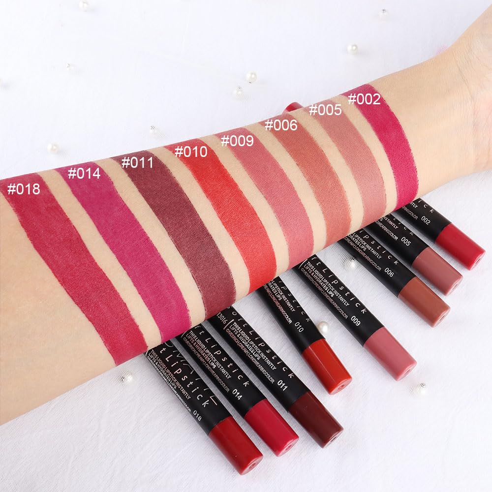 evpct 8Pcs Matte Lipstick and Lip Crayon Lip Liner Pencil Pen Set for Women Dark Ruby Deep Red Nude Beige Chestnut Brown Mauve Plum Purple Wine Red Matte Lip Liner Crayon and Liquid Lipstick 03