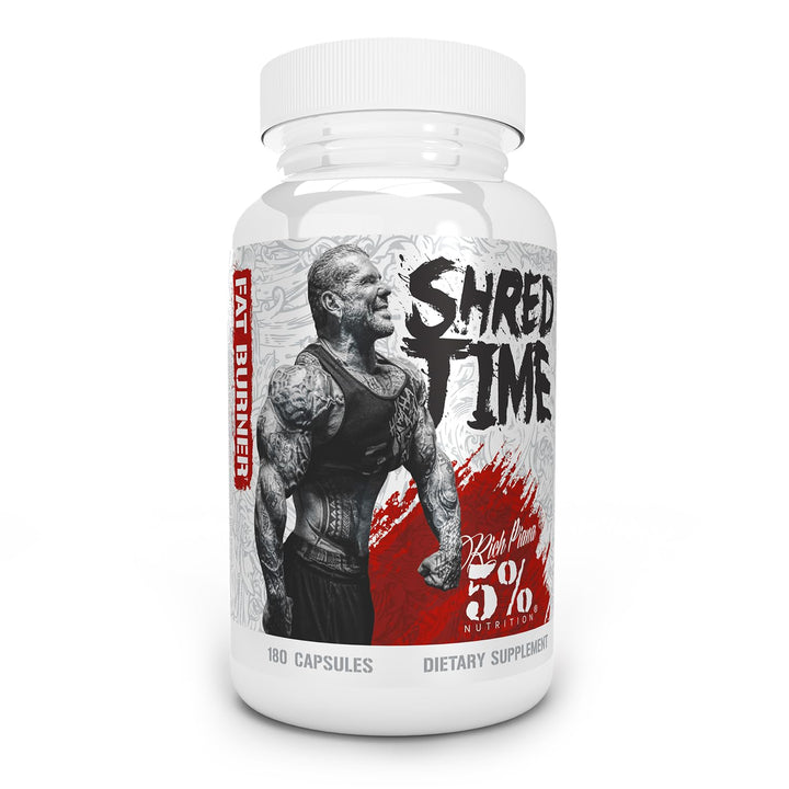 5% Nutrition Shred Time Fat Burner | Green Tea, Coffee Bean, Cayenne, Theobromine, GBB | Appetite Suppression | 30 Servings (180 Capsules)