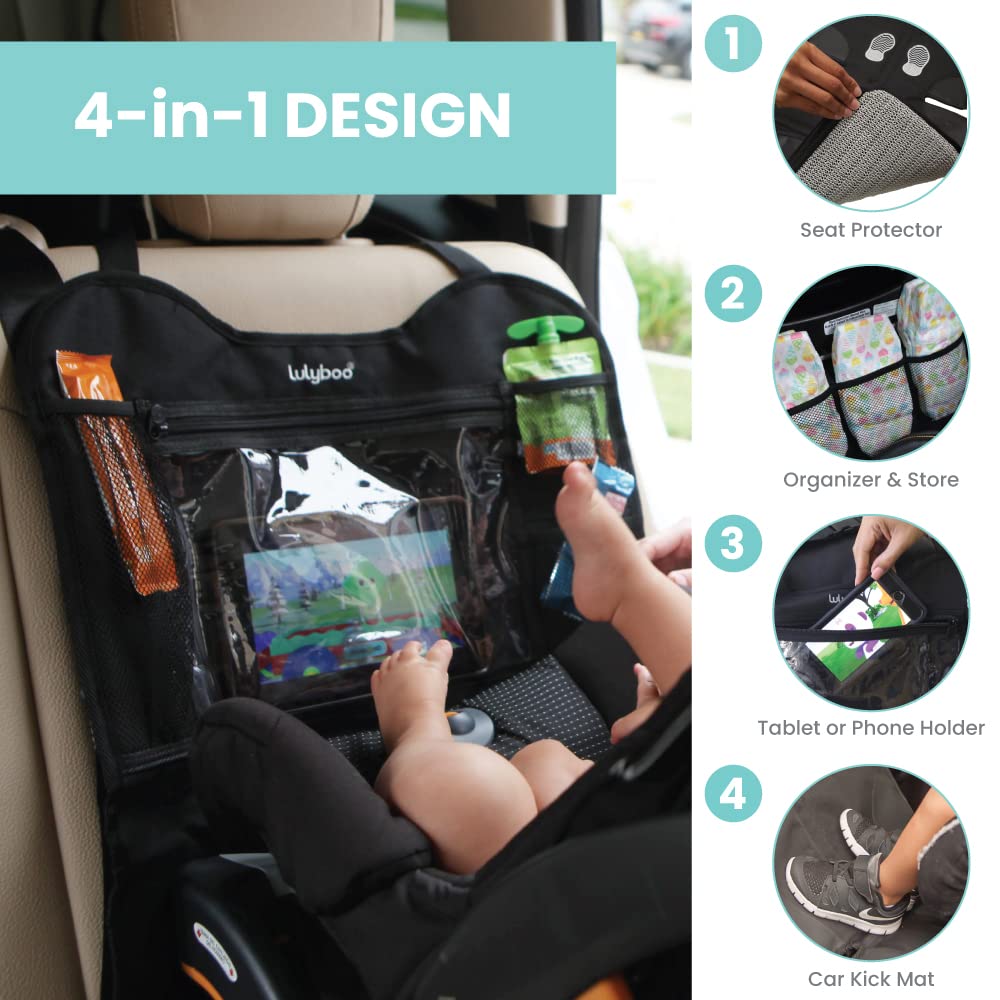 Lulyboo Car Seat Protection for Baby Carseat - Car Seat Organizer Back Seat - Behind Backseat Car Organizer for Kids Stuff, Toys, Tablet, Storage - Front & Rear Facing Kick Mat Seat Protector Black