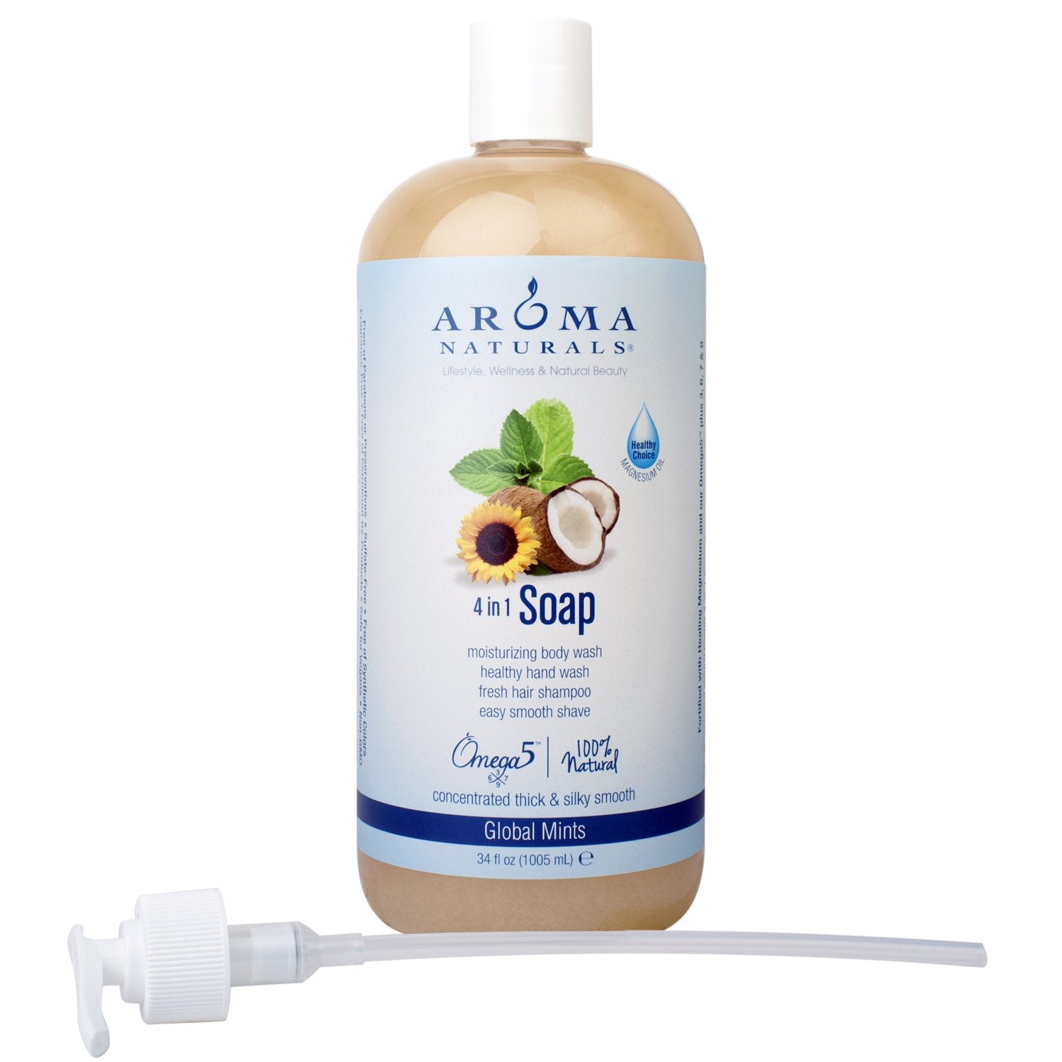 Aroma Naturals Extraordinary Natural 4-in-1 Castile Liquid Soap, Global Mints, 34 Ounce