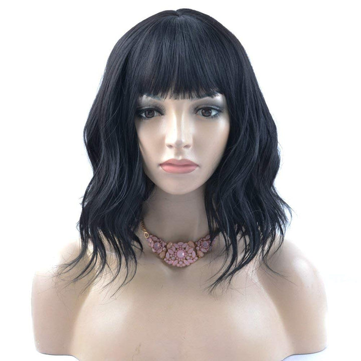 Jet Black : RightOn 14’’ Short Curly Women Girl’s Charming Synthetic Wig with Air Bangs + Free Wig Cap + Free Comb (Jet Black)