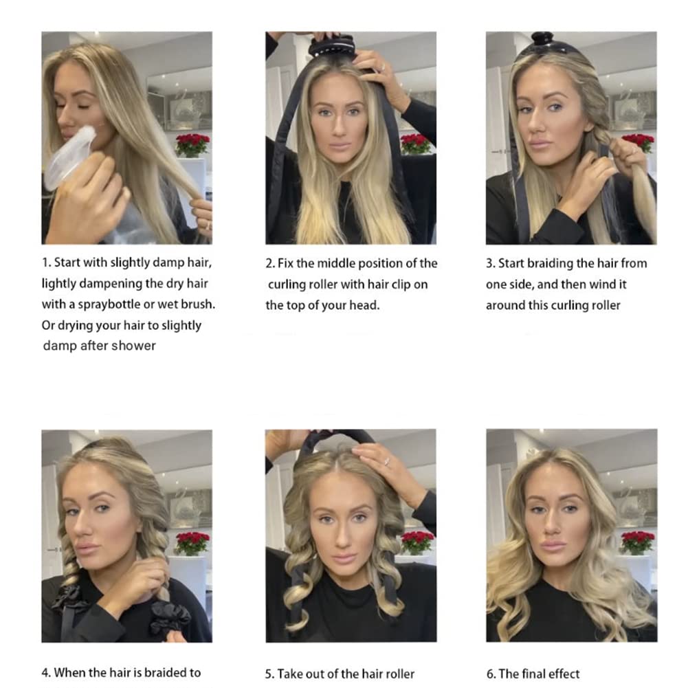 Heatless Curling Rod Headband No Heat Silk Ribbon Curling Rod Hair Roller Curls with Hair Claw Clip Lazy Natural Soft Wave DIY Hair Rollers Styling Tool for Sleep in Overnight (Black)