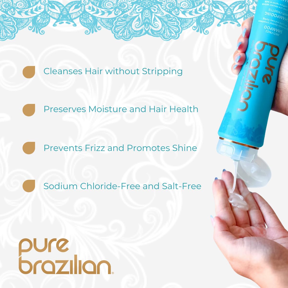 Pure Brazilian Anti-Frizz Daily Shampoo, Salt-Free, Color Safe, with Keratin, Argan Oil & Acai for Prolonged Treatment & Smooth Hair, 13.5 Oz
