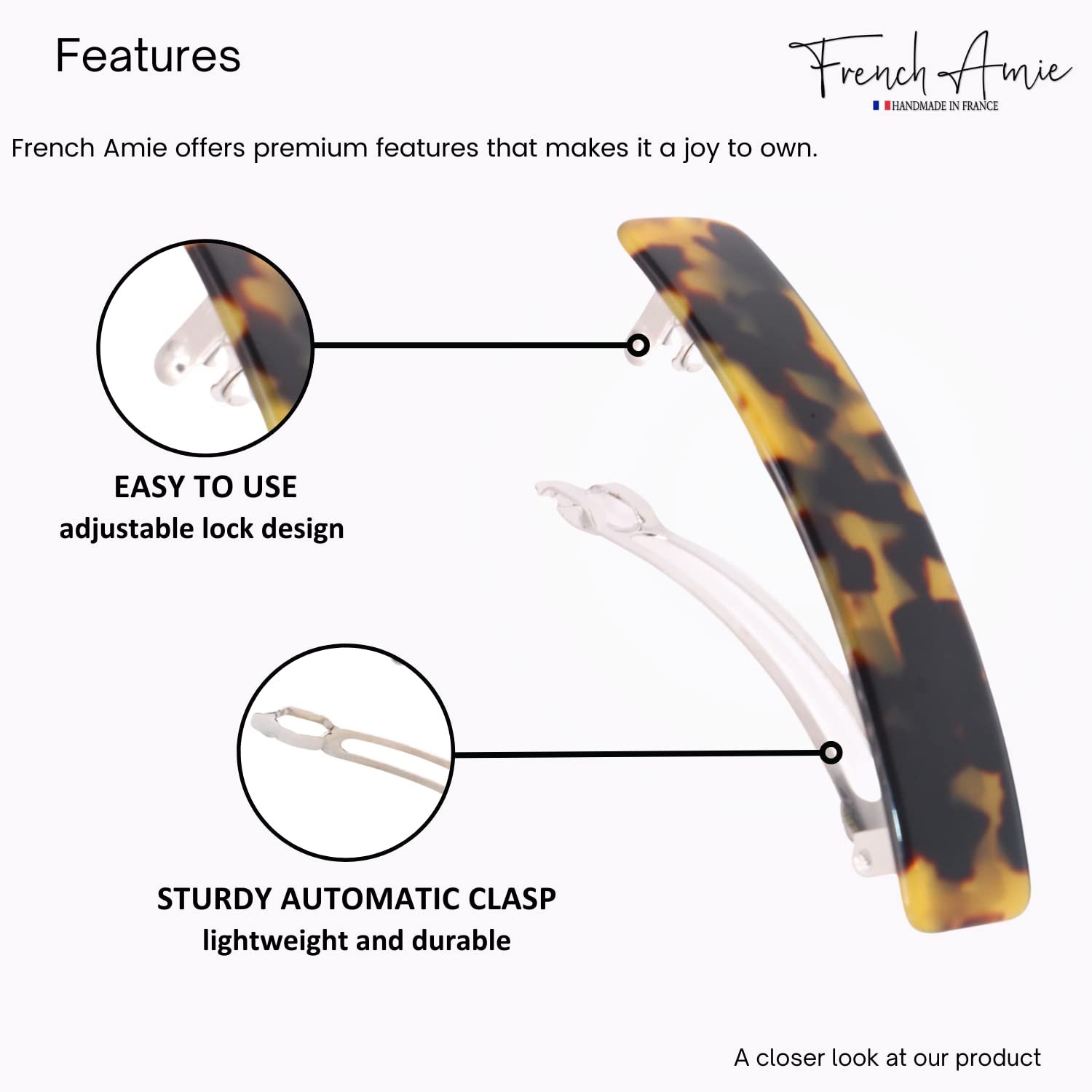 French Amie Oblong Handmade 3. 5 Inches Strong Grip Celluloid Yellow Tokyo Automatic Hair Clip Hair Barrette - Long Lasting (Tokyo Shell)