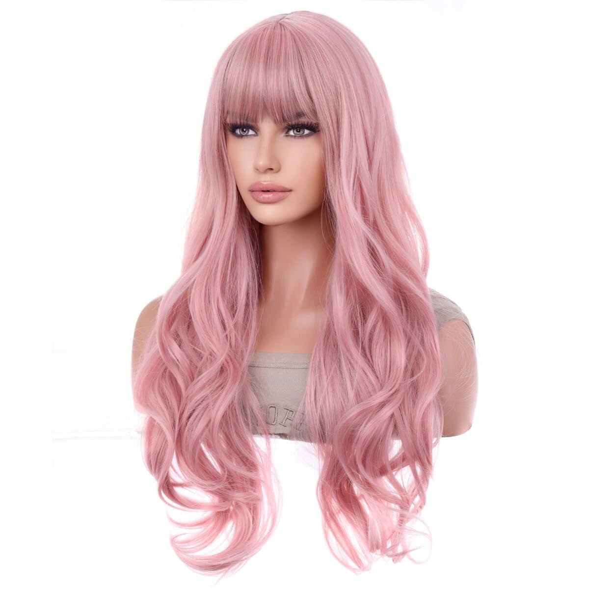 BERON 26 Inches Pink Wig Long Wavy Wig with Bangs Synthetic Wig Long Wig Pink Wigs for Daily Party with Wig Cap