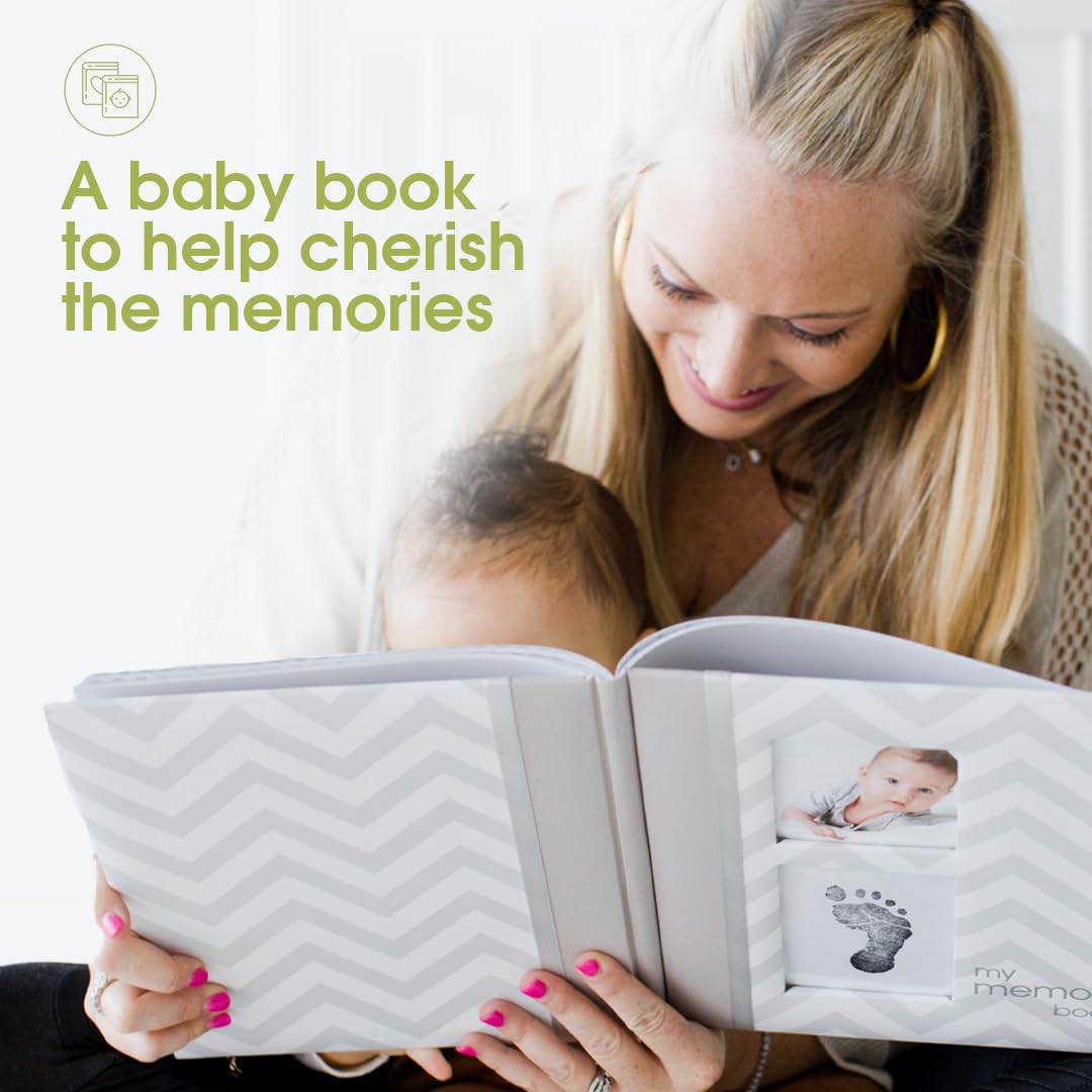 Pearhead First 5 Years Chevron Baby Memory Book, Clean-Touch Safe Ink Pad for Baby’s Handprint or Footprint, Gender Neutral Milestone And Pregnancy Gray