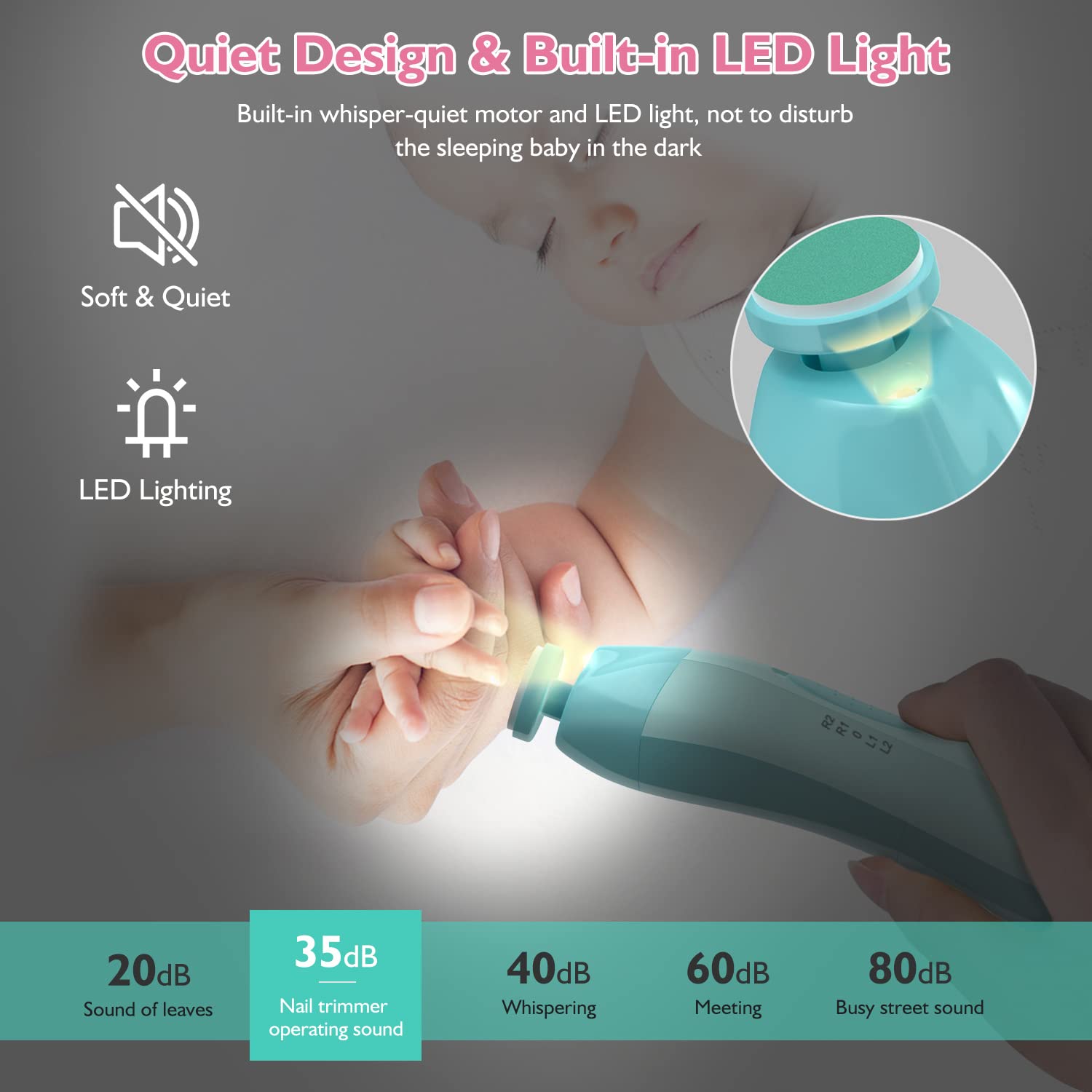 Baby Electric Nail Trimmer with LED Light 10 Grinding Heads Safe Electric Baby Nail File Whisper Baby Nail Polish Grooming Kit for Newborn Toddlers Kids Adults Toes Fingernails Care - Green