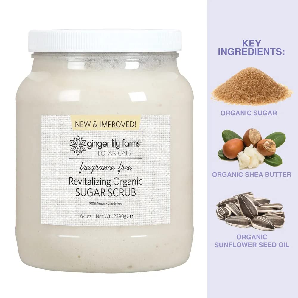 Ginger Lily Farms Botanicals Revitalizing Organic Sugar Scrub, All-Natural Skin Exfoliating Sugar Crystals, 100% Vegan & Cruelty-Free, Fragrance-Free, 64 oz.