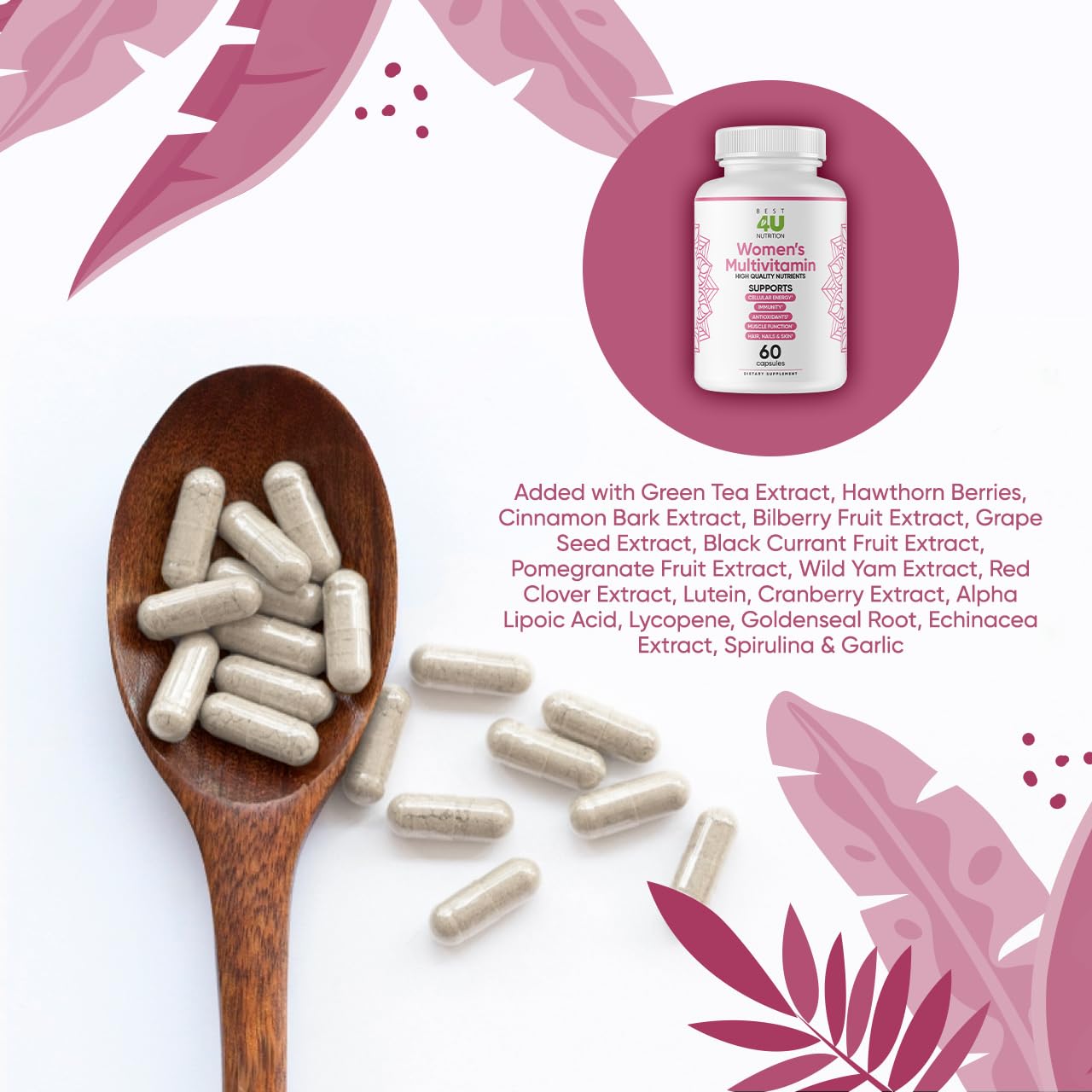 BEST 4U NUTRITION Multi for Her, 60 Capsules, Multivitamin & Multi-Mineral Supplement for Women, Helps Support her Immune System, Muscle Function & Hair, Nails & Skin