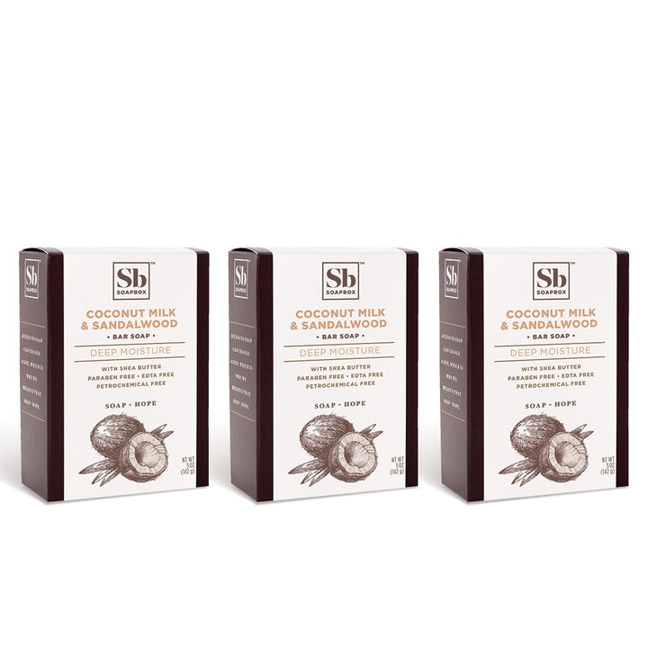 Soapbox Coconut Milk & Sandalwood Bar Soap, Moisturizing and Exfoliating Shea Butter & Olive Oil Bath Soap Bar for Hands and Body (Pack of 3)