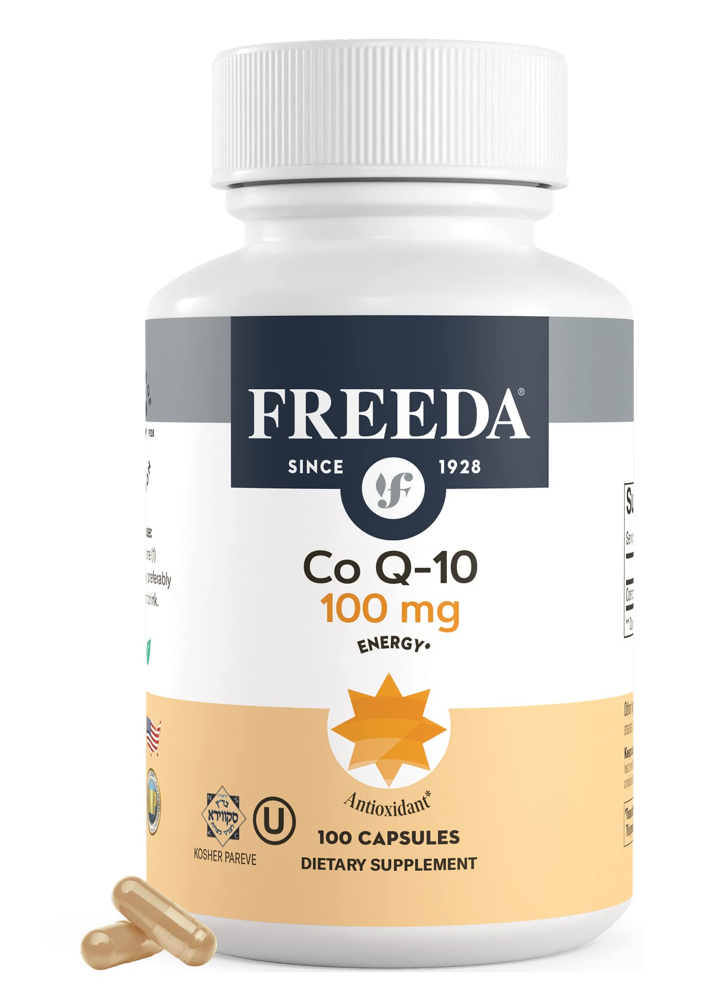FREEDA CoQ10 100mg - Kosher Coenzyme Q10 Dietary Supplement for Cardiovascular Heart Health, Blood Pressure Support, Oral Gum Health, and Healthy Aging - Pure CoQ10 Capsules, 100 Count