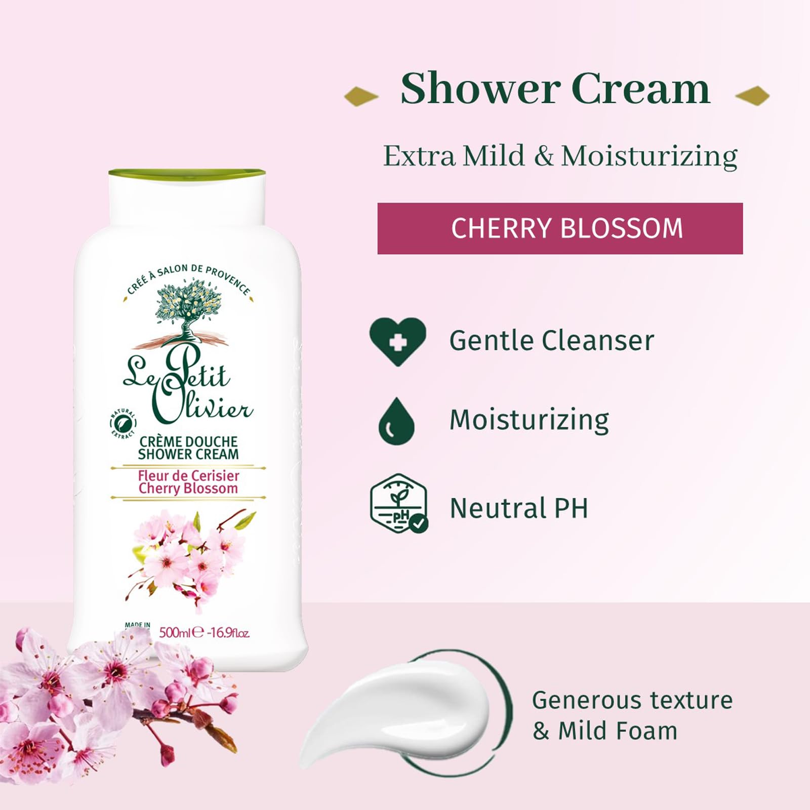 Le Petit Olivier Shower Cream, Cherry Blossom, 16.9 oz - Moisturizing Cream for Sensitive Skin - Natural Extracts - Enriched with Glycerin - pH Neutral - Soap-Free - Dye-Free - In-Shower Body Cream