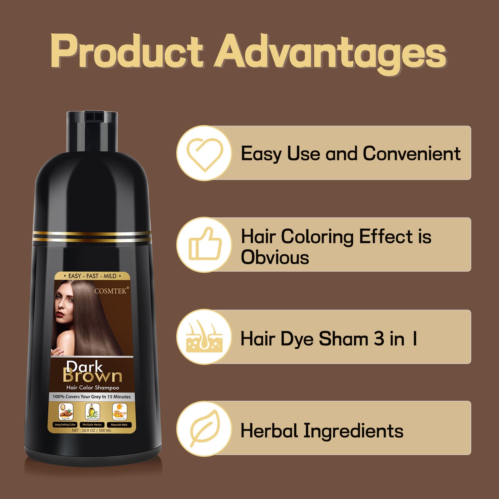 BOJICA COSMTEK Dark Brown Hair Dye Shampoo, Hair Color Shampoo for Women, Natural Shampoo Hair Dye 3 in 1 for Gray Hair-100% Grey Hair Coverage/Instant/Herbal Ingredients-17.6 OZ