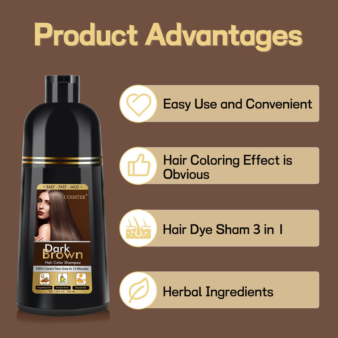 BOJICA COSMTEK Dark Brown Hair Dye Shampoo, Hair Color Shampoo for Women, Natural Shampoo Hair Dye 3 in 1 for Gray Hair-100% Grey Hair Coverage/Instant/Herbal Ingredients-17.6 OZ