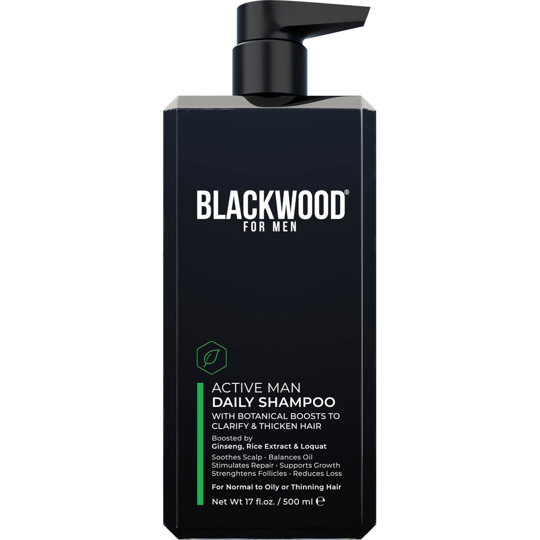 BLACKWOOD FOR MEN Active Man Daily Shampoo - Thickening & Clarifying Shampoo for Normal to Oily Hair or Scalp - Fights Hair Loss - Natural Vegan Formula - Sulfate Free with Ginseng & Aloe Vera (17oz)