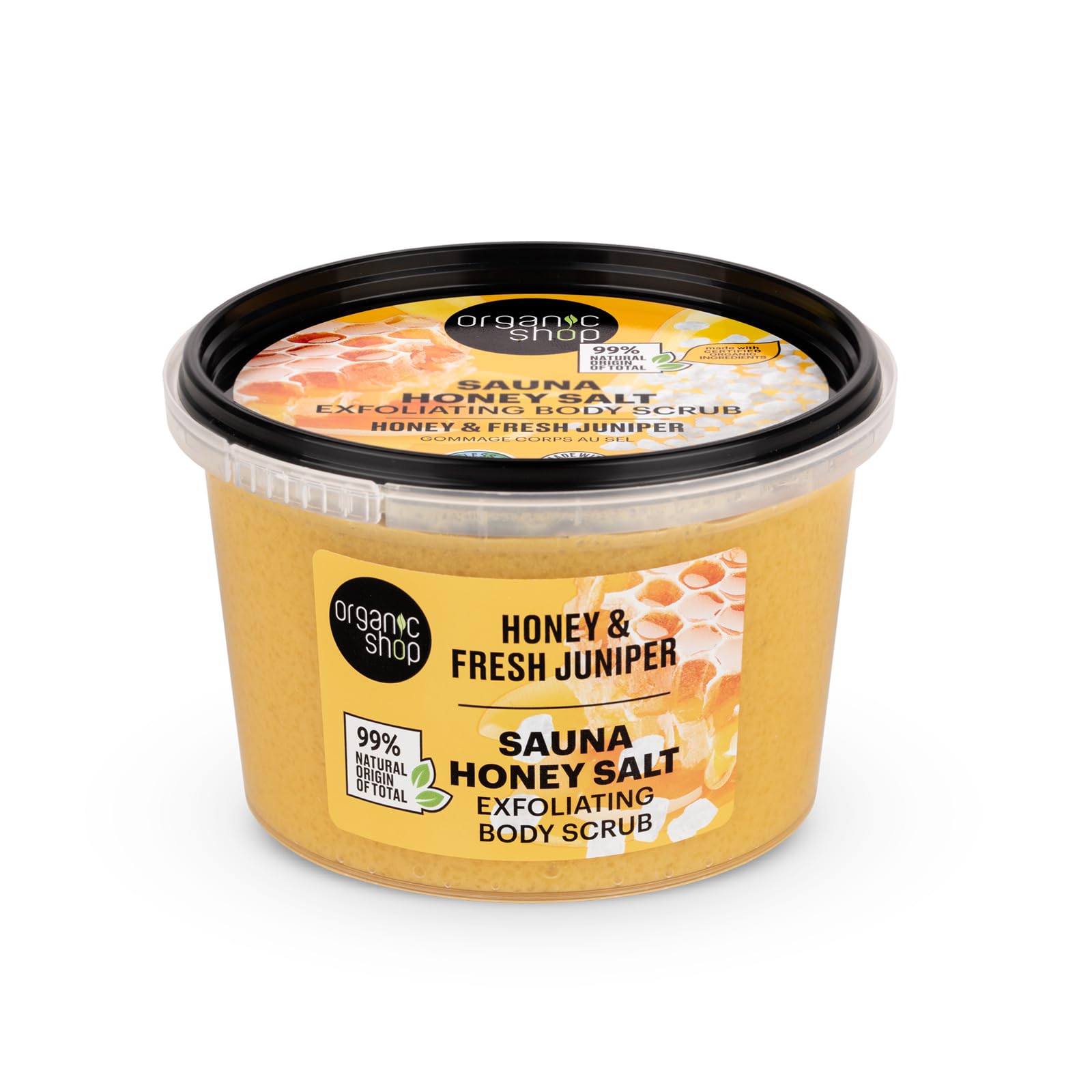 Organic Shop Honey Salt & Juniper Hydrating & Exfoliating Body Scrub, 100% Vegan & Organic, Daily Exfoliant, Detox & Moisturizer, Body, Face, Hand & Foot, Intensive Care & Skin Toning. 250ml