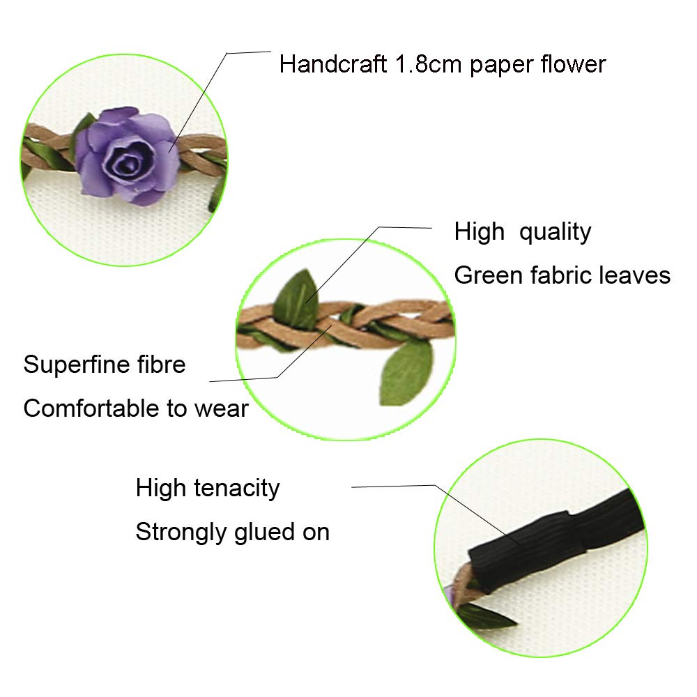HOPEANT 18 Pieces Multicolor Flower Headband Women Girl Bohemian Flower Crown Garland Headbands with Elastic Ribbon