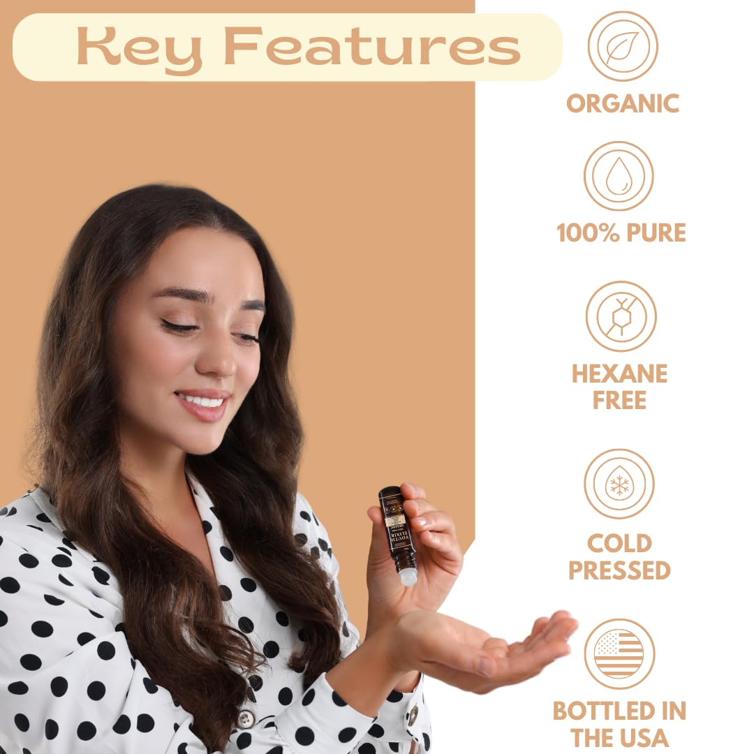 Untamed Organics Youth Elixir - Roll On Facial Serum For Under Eyes and Face with Certified Organic, Cold Pressed, Hexane Free Castor, and Frankincense Oil - Miracle Anti-Aging Oil 10mL