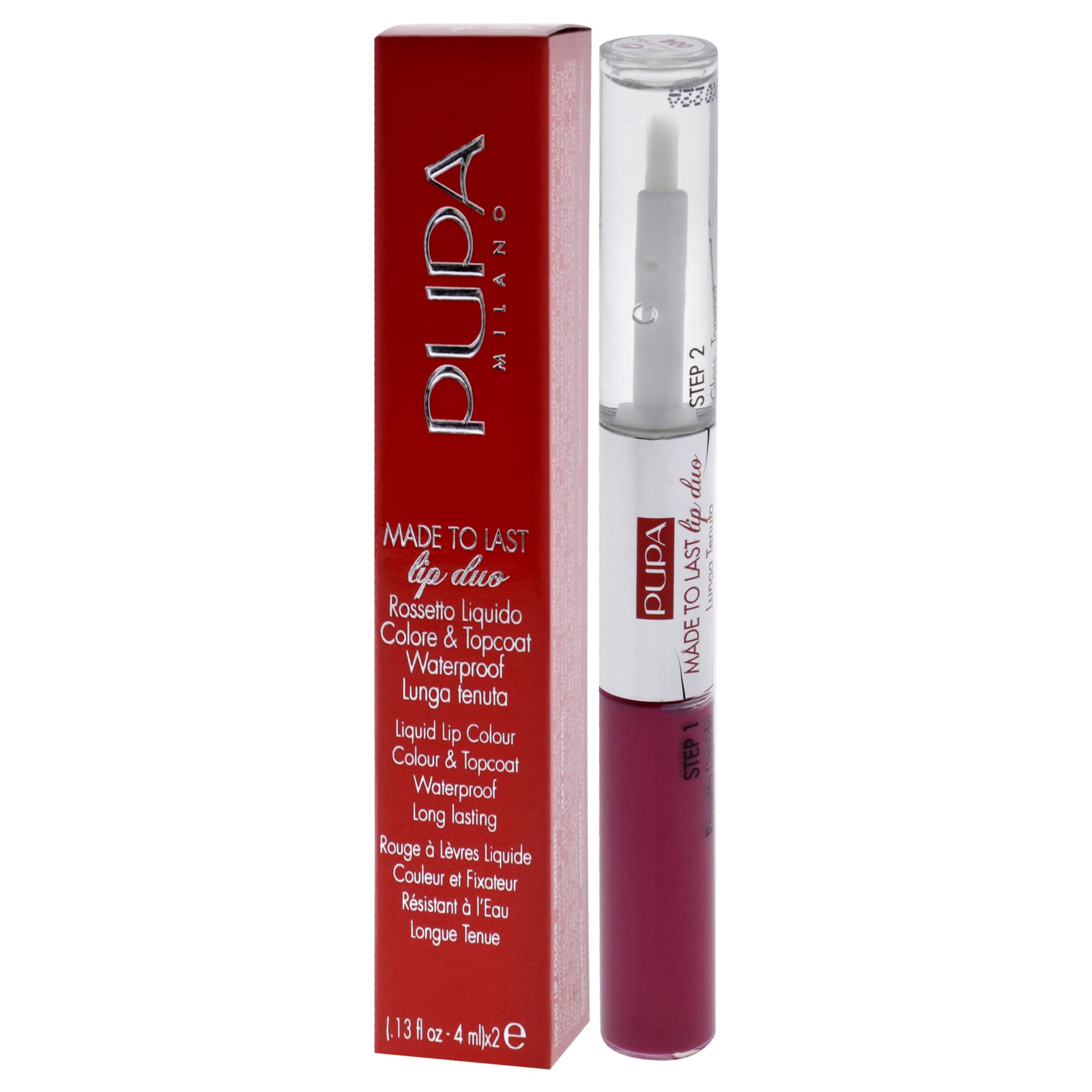 Pupa Milano Made To Last Lip Duo - Comfortable Liquid Lip Color with Top Coat - Waterproof - Long Lasting Hold - Ultra Shiny, Latex Effect Make-Up Result - 004 Geranium Fuchsia - 0.13 Oz