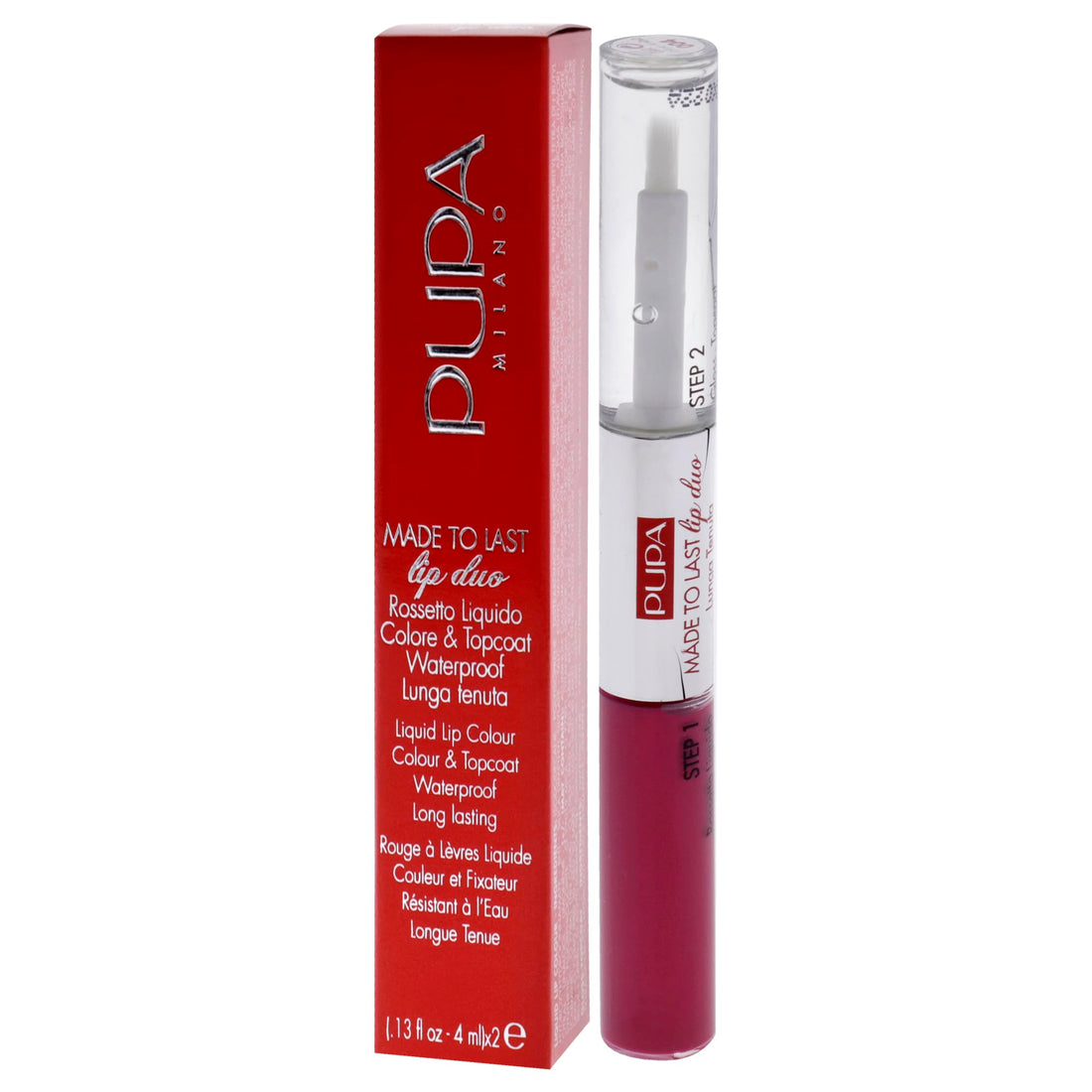 Pupa Milano Made To Last Lip Duo - Comfortable Liquid Lip Color with Top Coat - Waterproof - Long Lasting Hold - Ultra Shiny, Latex Effect Make-Up Result - 004 Geranium Fuchsia - 0.13 Oz