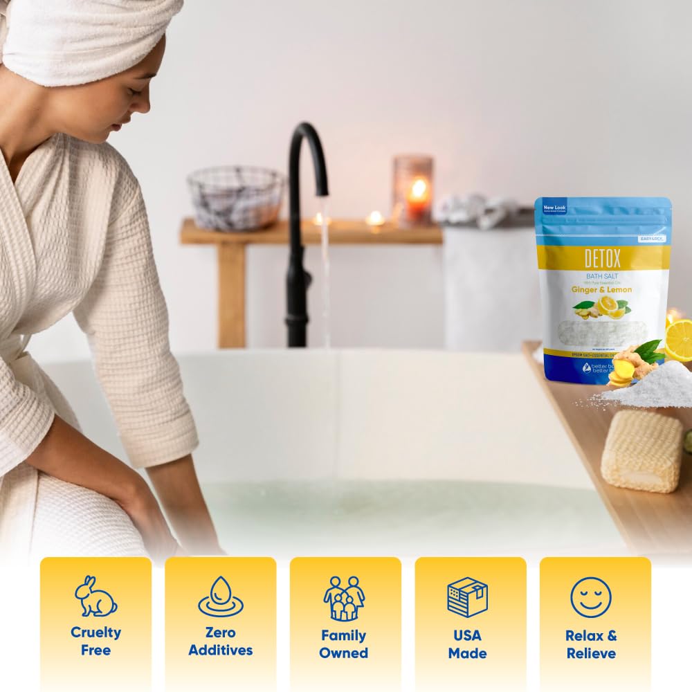Detox Bath Salt 2 Pounds (32 Ounces) - Epsom Salt Bath Soak With Ginger & Lemon Essential Oil Plus Vitamin C - All Natural No Perfumes No Dyes - Detoxify & Revitalize Your Body & Mind Naturally