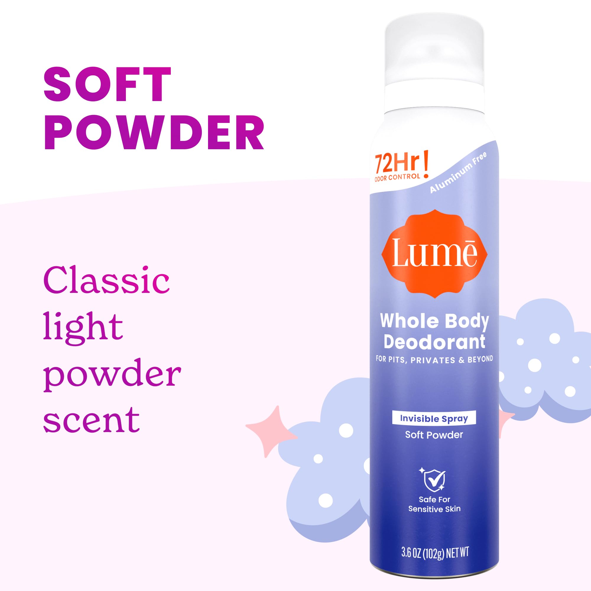 Lume Invisible Spray Deodorant For Women - Deodorant Spray + Mini Bundle - 72 Hr Odor Control - Ozone Friendly - Aluminum & Baking Soda Free, Skin Loving - 3.6 ounce + 1.0 ounce Mini (Soft Powder)