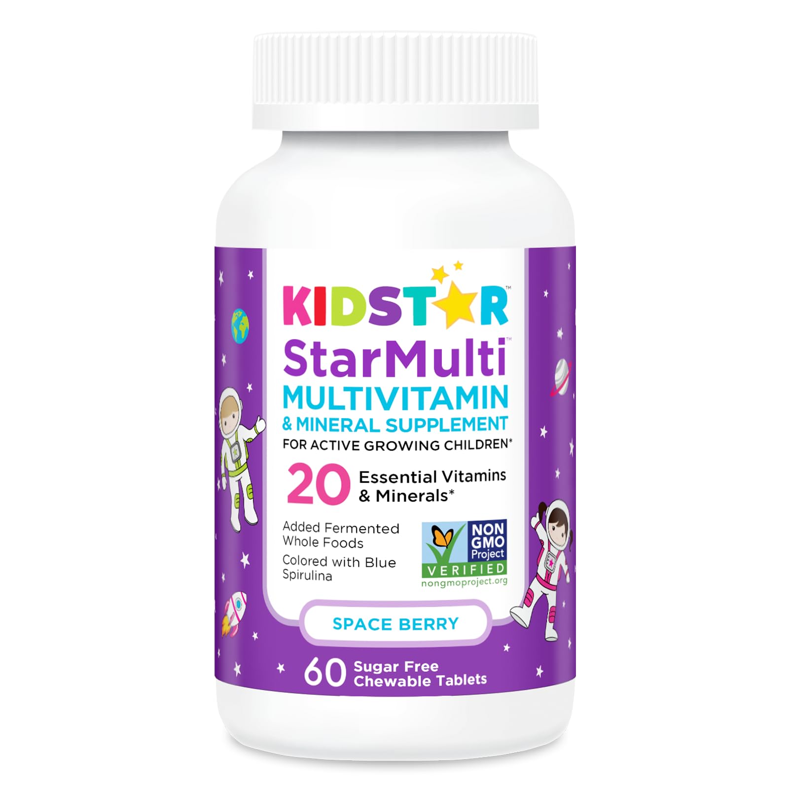 KidStar Nutrients StarMulti, Chewable Multivitamin and Multimineral Tablets for Kids, Plus Organic Fermented Whole Foods, Vegan, Sugar Free, Space Berry, 60 Chewable Tablets