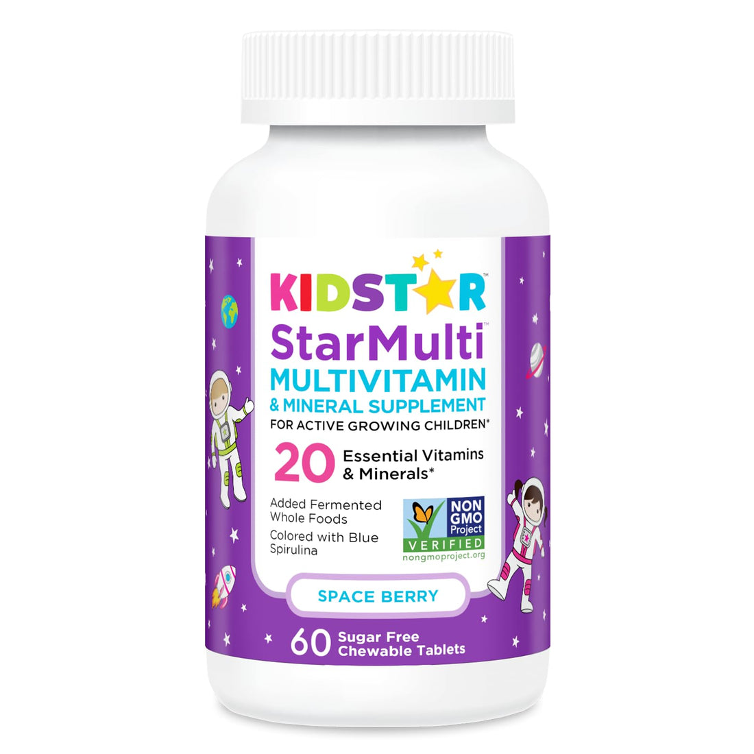 KidStar Nutrients StarMulti, Chewable Multivitamin and Multimineral Tablets for Kids, Plus Organic Fermented Whole Foods, Vegan, Sugar Free, Space Berry, 60 Chewable Tablets