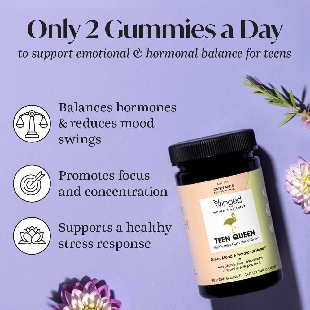 Winged Wellness Teen Queen Multivitamins for Teen Girls - Helps with Mood and Hormonal Health - for Ages 13+, Vegan & Gluten Free - Green Apple, 25 Servings