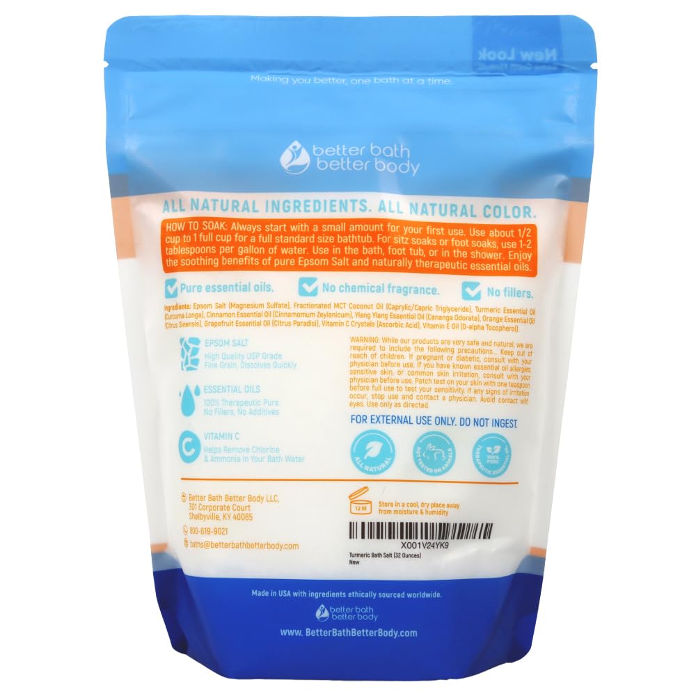 Turmeric Bath Salt 32 Oz Epsom Salt with Essential Oils Turmeric, Cinnamon, Orange Plus Vitamin C in BPA-Free Pouch with Easy Press-Lock Zipper | Natural Bath Soak to Relieve & Soothe | Made in USA