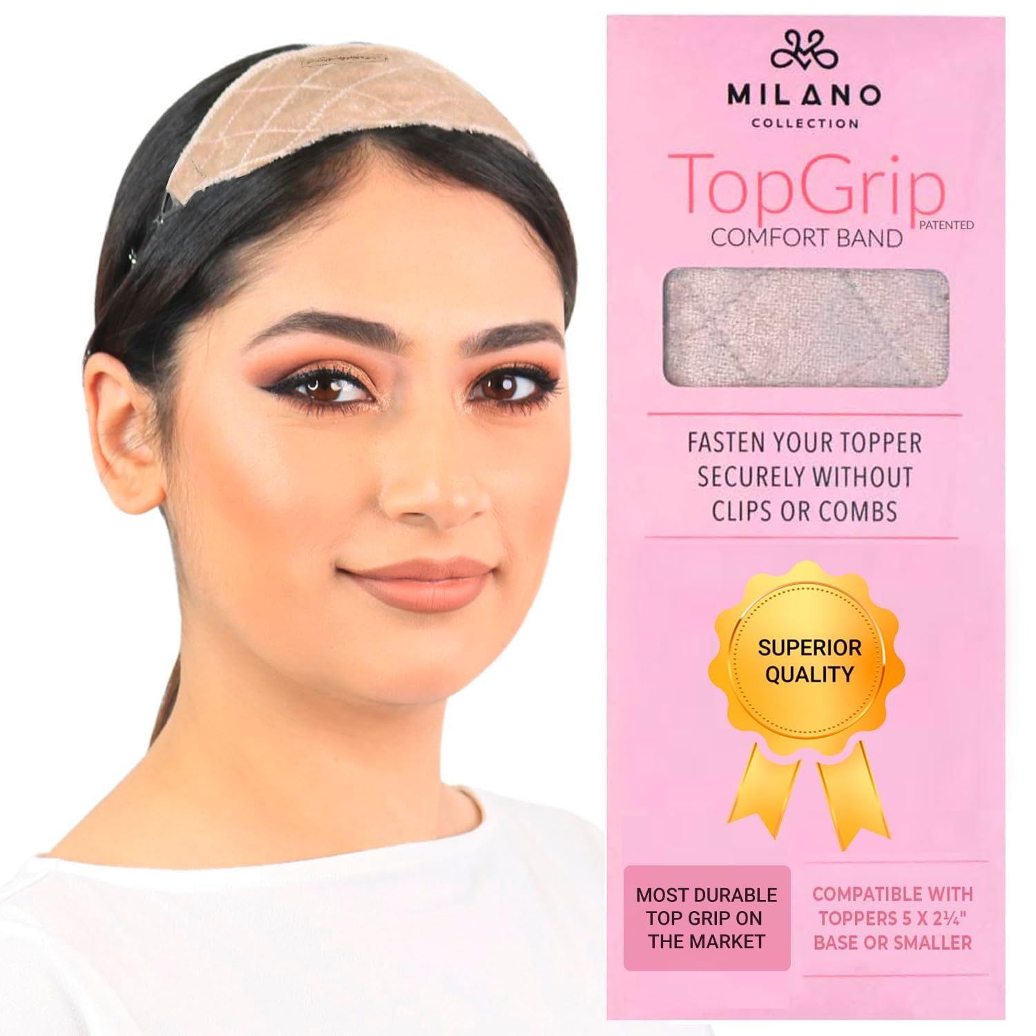 MILANO COLLECTION TopGrip Comfort Band for Small Base Toppers, Adjustable Translucent Strap, Side Openings to Secure Your Wig or Topper, Includes Clips, Beige, Small