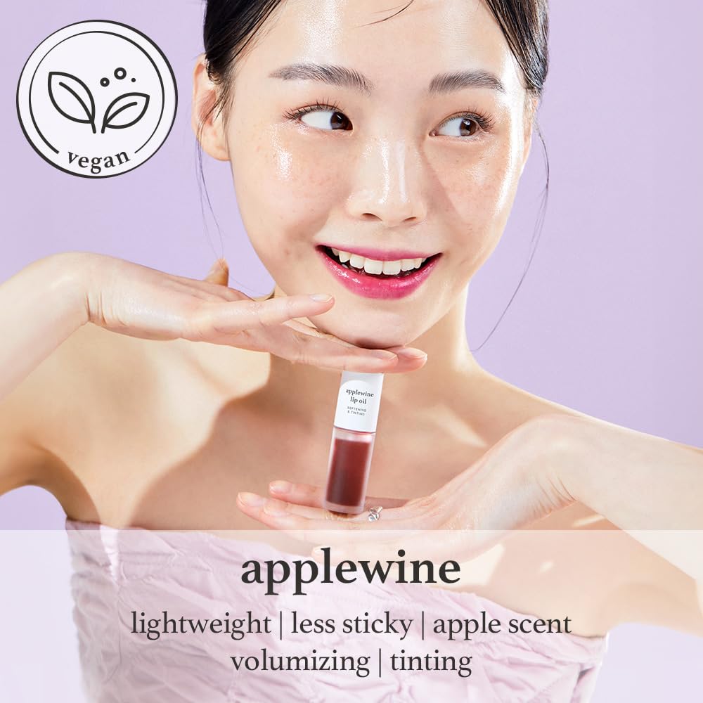 NOONI Korean Vegan Appleseed Lip Oil - Applewine | Long-Lasting, Moisturizing, Plumping, Revitalizing for Dry Lips, Waterproof, No Peel Off, Hydrating, Nourishing, Mother's Day, 0.12 FL Oz