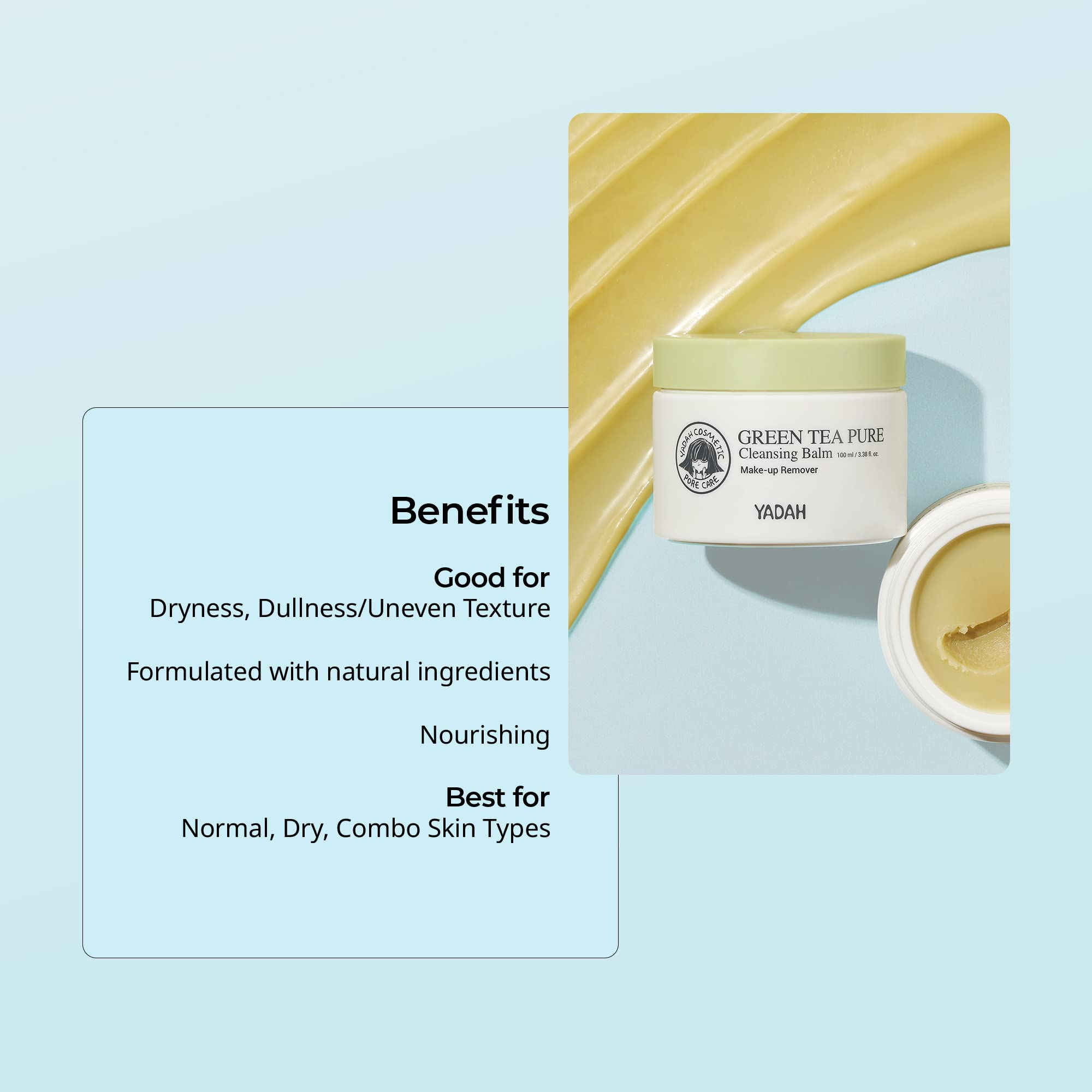 Yadah Green Tea Pure Cleansing Balm 3.38 Fluid Ounce, Hypoallergenic Make-up Remover Deep Cleanser Natural Ingredients No Irritation