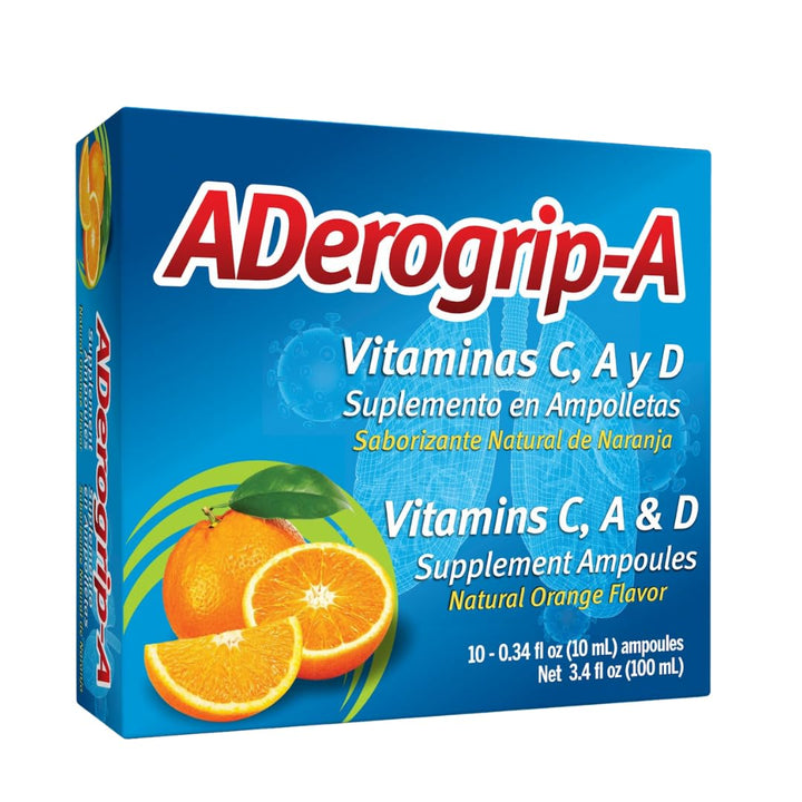ADEROGRIP-A Aderogripa Immune Support Vitamins C, A & D | Liquid Supplement | 10 Natural Orange Flavor Ampoules | Boost Your Immune System | Box of 10 x 10ml Ampoules | Suplemento en Ampolletas