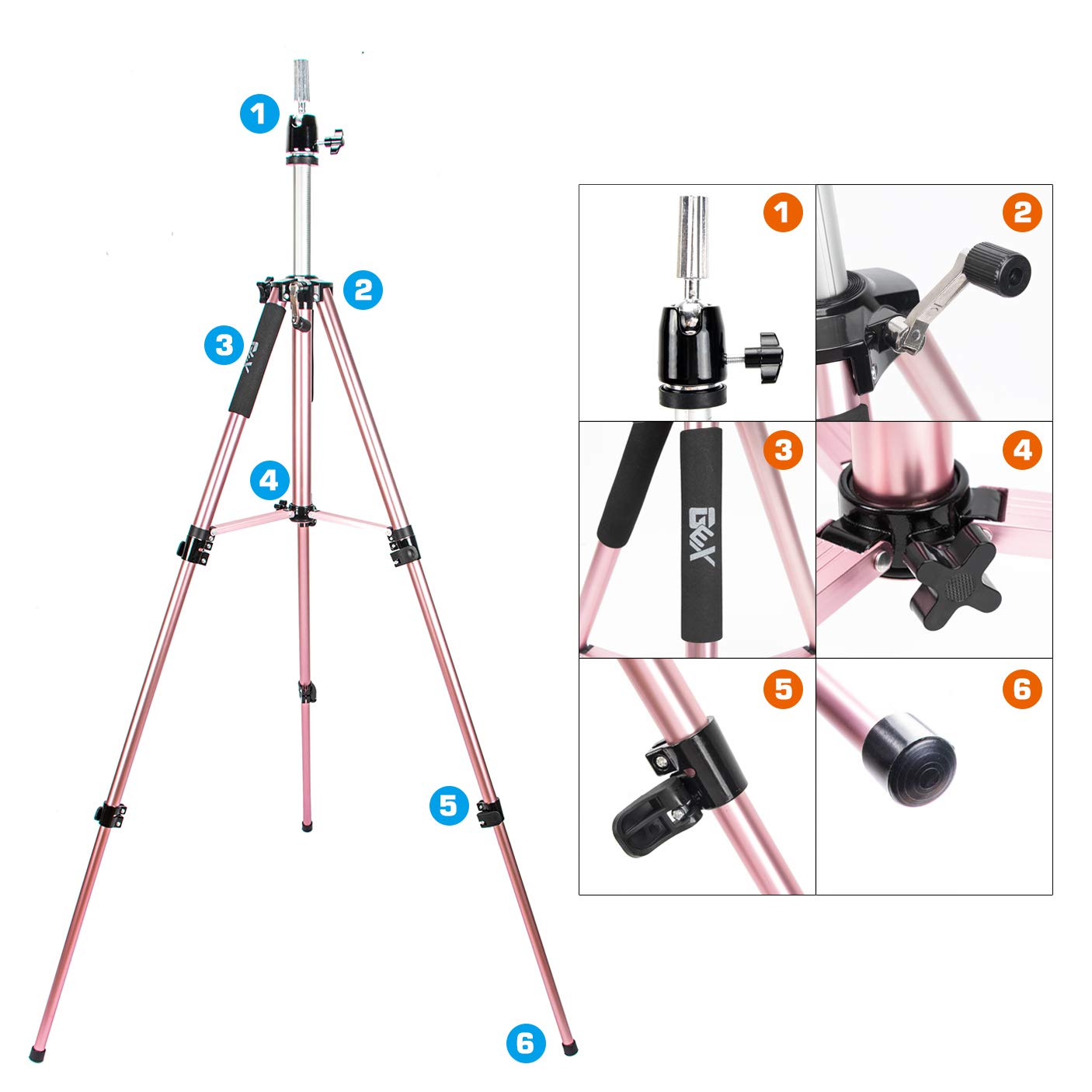 GEX Heavy Duty Canvas Block Head Tripod Cosmetology Training Doll Head Stand Mannequin Manikin Head Tripod Wig Stand With Travel Bag (Rose Gold)