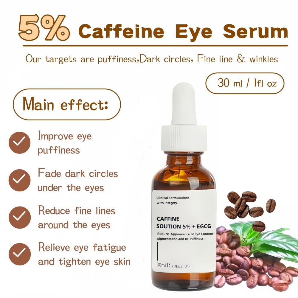 Caffeine Solution 5% + EGCG, Caffeine Eye Serum For Face, Moisturizing Under Eye Solution For Reduces Dark Circles & Puffiness, 30ML