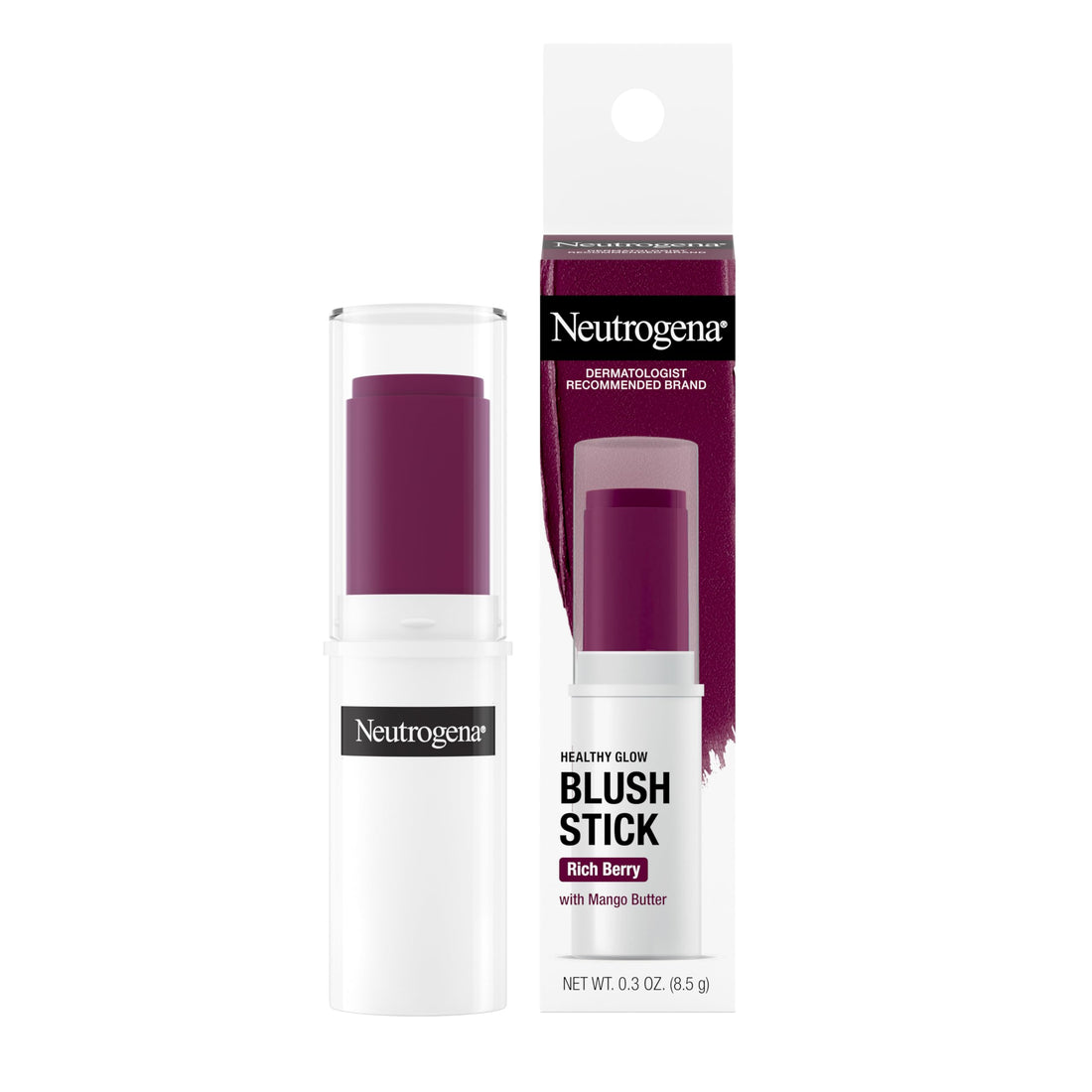 Neutrogena Healthy Glow Blush Stick, Easy to Use Lightweight Makeup, Ultra Creamy Cheek Color with Mango Butter Leaves Skin with a Natural Looking Colo, Rich Berry, 0.3 oz