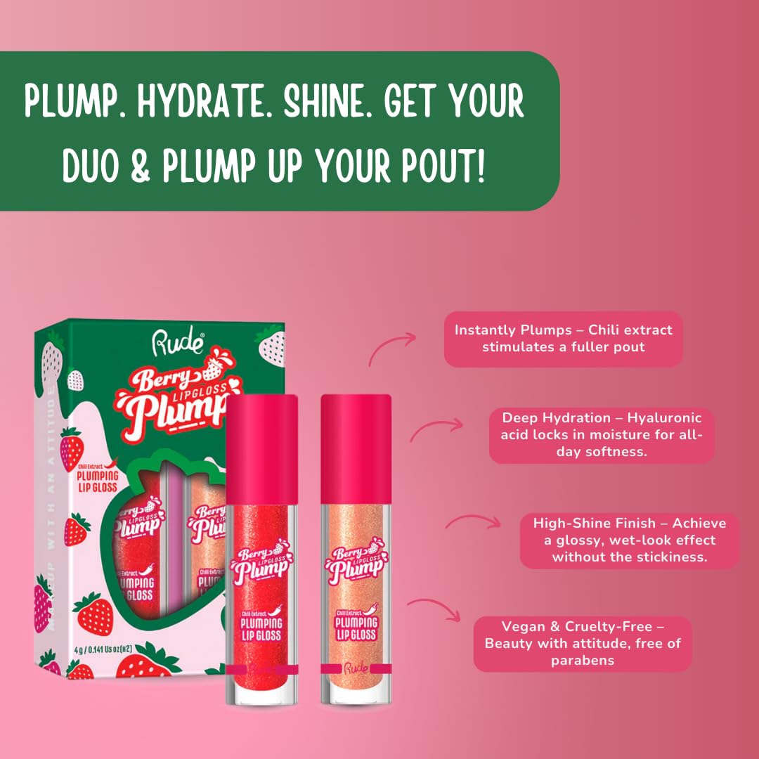 RUDE Cosmetics Berry Plump Lip Plumper Set, Plumping Lip Gloss for Women, Hydrating Cute Lipgloss Plump with Hyaluronic Acid, Shea Butter, Vitamin E & Chili Extract, Vegan, Fairy & Strawberry
