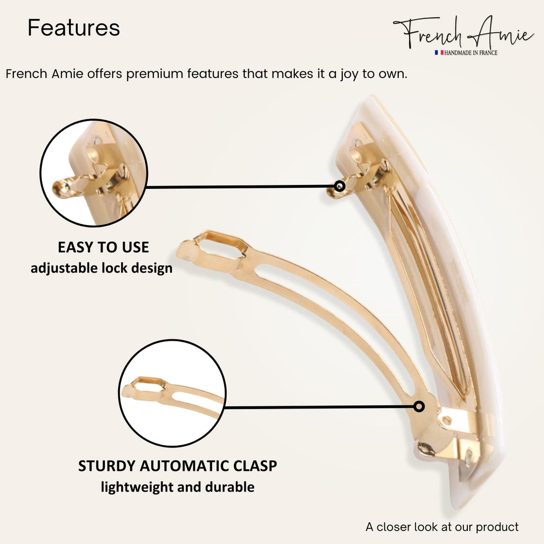 French Amie Fine Wide Rectangular Celluloid Handmade Pearl Ivory White Automatic Hair Clip Barrette - Made to Last (Ivory)