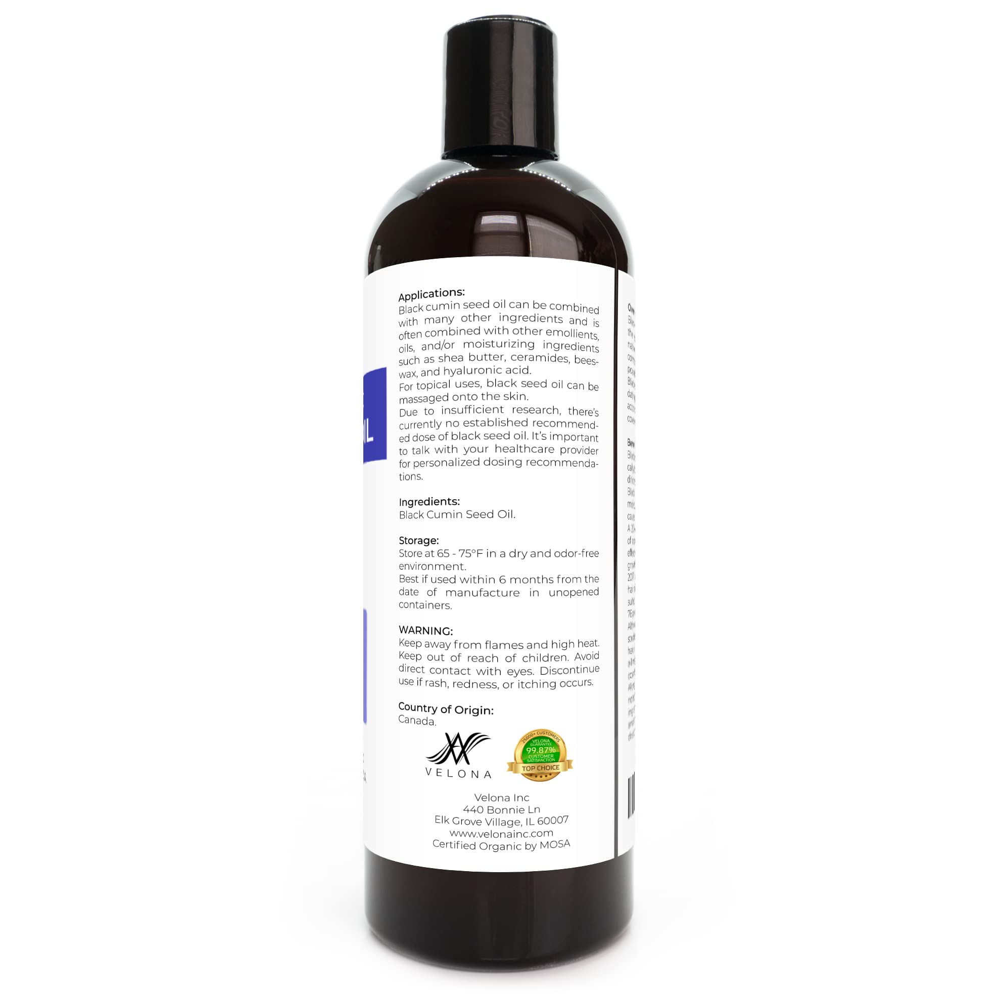 velona Black Cumin Seed Oil USDA Certified Organic - 16 oz | 100% Pure and Natural Carrier Oil | Unrefined, Cold Pressed