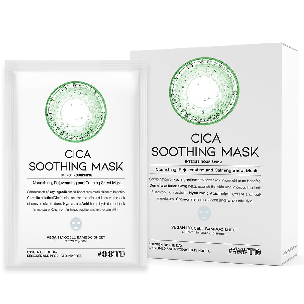 #OOTD Cica Calming Mask for Face Sensitive Irritated Skin, Soothing, Moisturizing, Korean Anti Aging Face Mask, Eve Vegan, Chamomile, Hyaluronic Acid 10EA