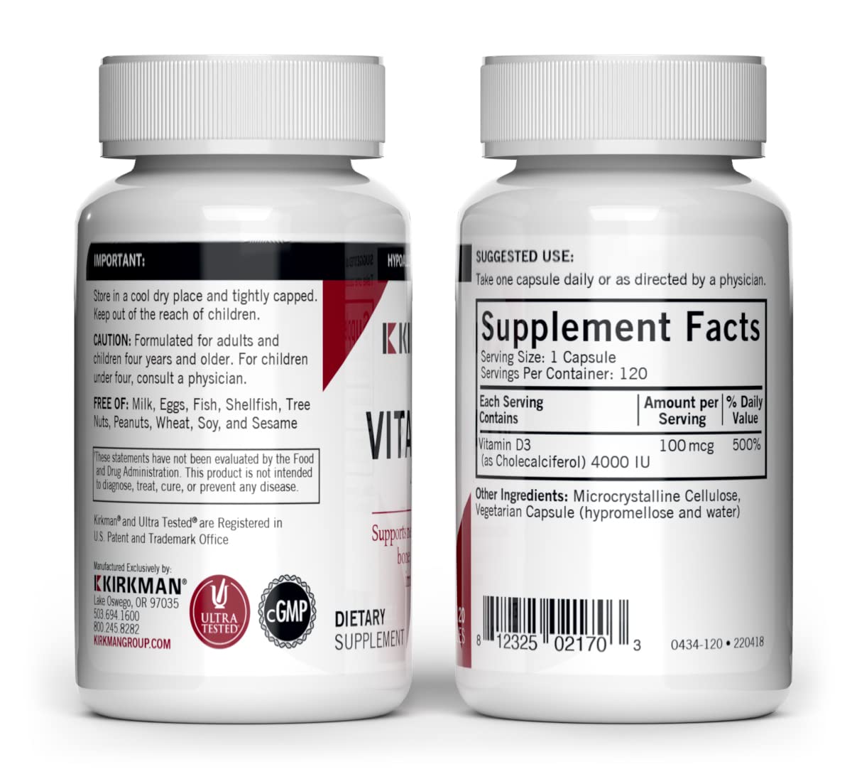 Kirkman - Vitamin D3 4000 IU - 120 Capsules - Supports Immune Health - Helps Build Strong Bones - Hypoallergenic