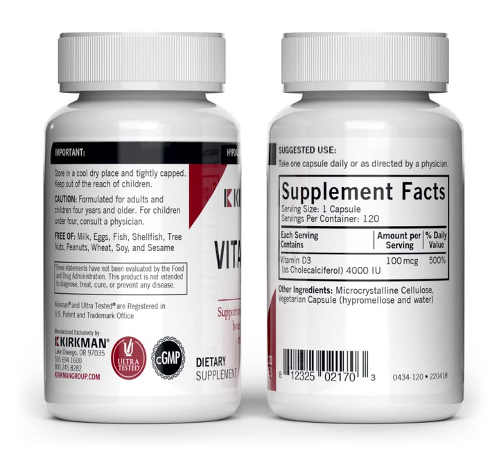 Kirkman - Vitamin D3 4000 IU - 120 Capsules - Supports Immune Health - Helps Build Strong Bones - Hypoallergenic
